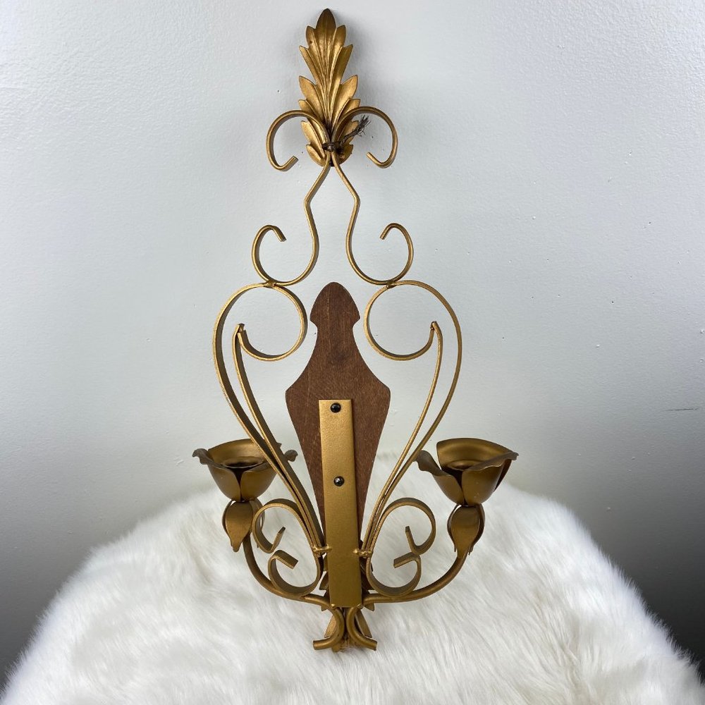 Vintage Wood & Brass Rose Candle Holder Wall Hanging 17.5" X 9.5" X 4" - Picture 6 of 10